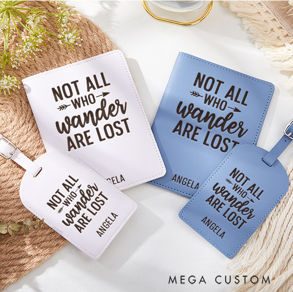 Personalized Not All Who Wander Are Lost Passport Holder and Luggage Tag Set Gift for Traveling Lovers Leather Passport Cover