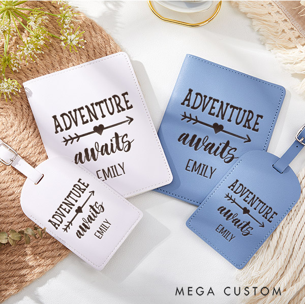 Personalized Adventure Awaits Engraved Leather Passport Holder and Luggage Tag Set Gift for Traveling Lovers Travelers Gift