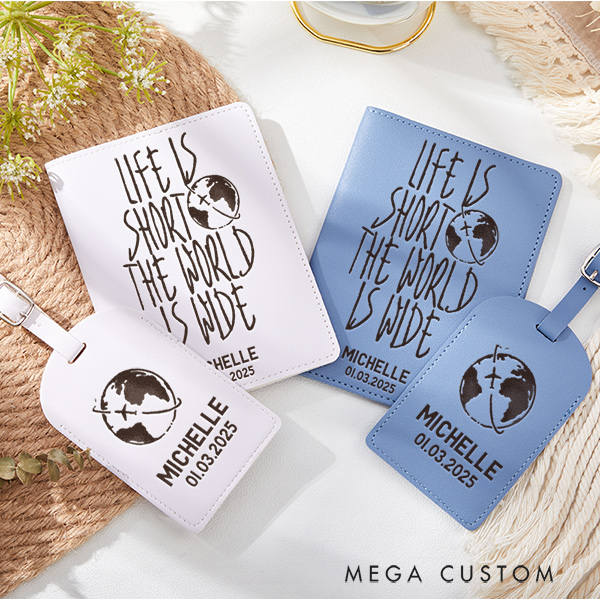 Personalized Life is Short The World is Wide Passport Holder and Luggage Tag Set Custom Gift for Traveling Lovers
