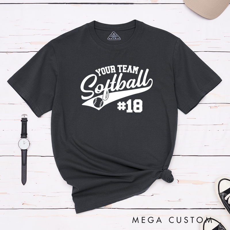 Personalized Softball Team T-Shirt Design Featuring Customizable Team Name Elegant Script Softball Text Dynamic Swoosh Element Baseball Graphic and Custom Player Number