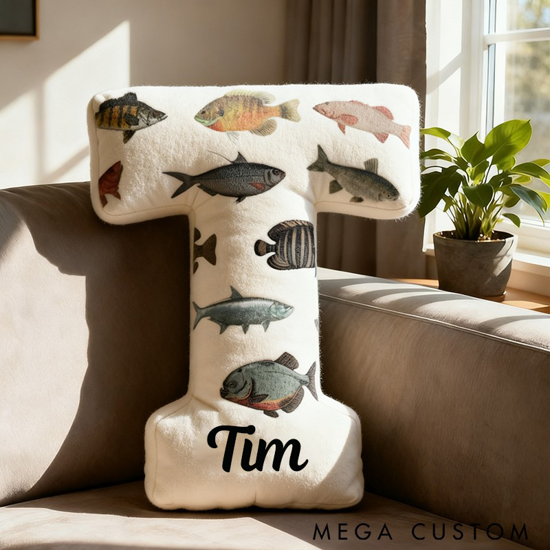 Personalized Fish Themed Letter Pillow Funny Fishing Pillow Custom Name with Colorful Fish Design Graphic 3D Print Perfect Gift for Fishing Enthusiasts and Kids