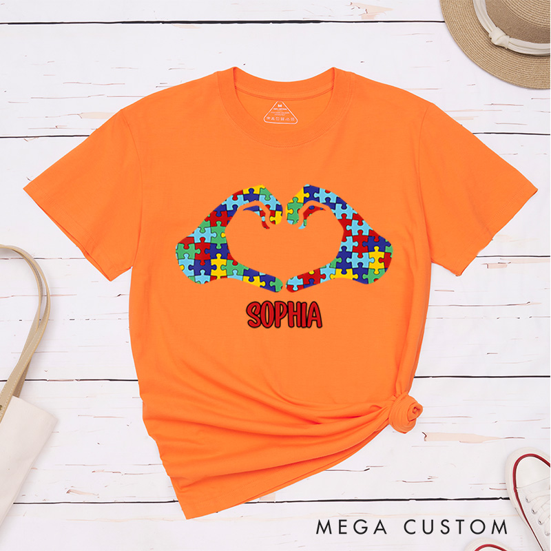 Personalized Heart LOVE Hands Puzzle Autism Awareness T-Shirt Mental Health Gift