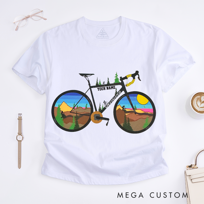 Personalized Scenic Bicycle T-Shirt with Vibrant Landscape Scenes in the Wheels for Outdoor Adventures Riding Cycling Biking Enthusiasts