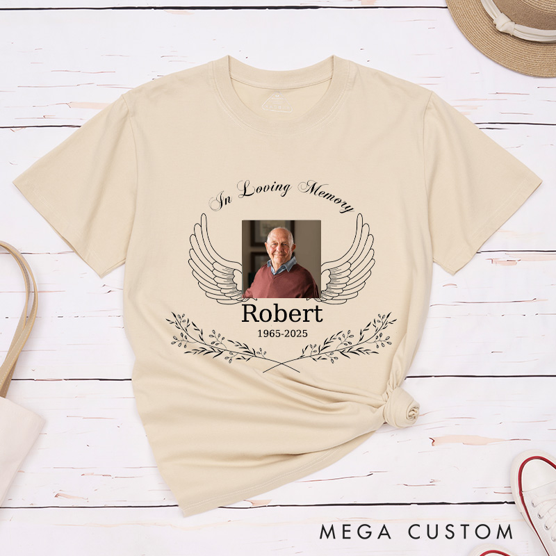 Personalized Angel Wings Memorial T-Shirt in Loving Memory Photo Shirt Rest in Peace Custom Sympathy Gift for Loss of A Loved One