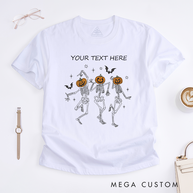 Personalized Dancing Skeletons Pumpkin Head T-Shirt Custom Name Unisex Funny Spooky Gift for Friends Men Women Halloween Party Couples Family