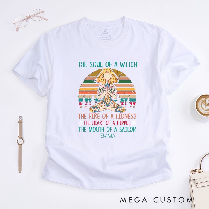 Personalized The Soul Of A Witch Yoga T-Shirt Positive Yoga Lover T-Shirt Meditating Yoga Gift for Women