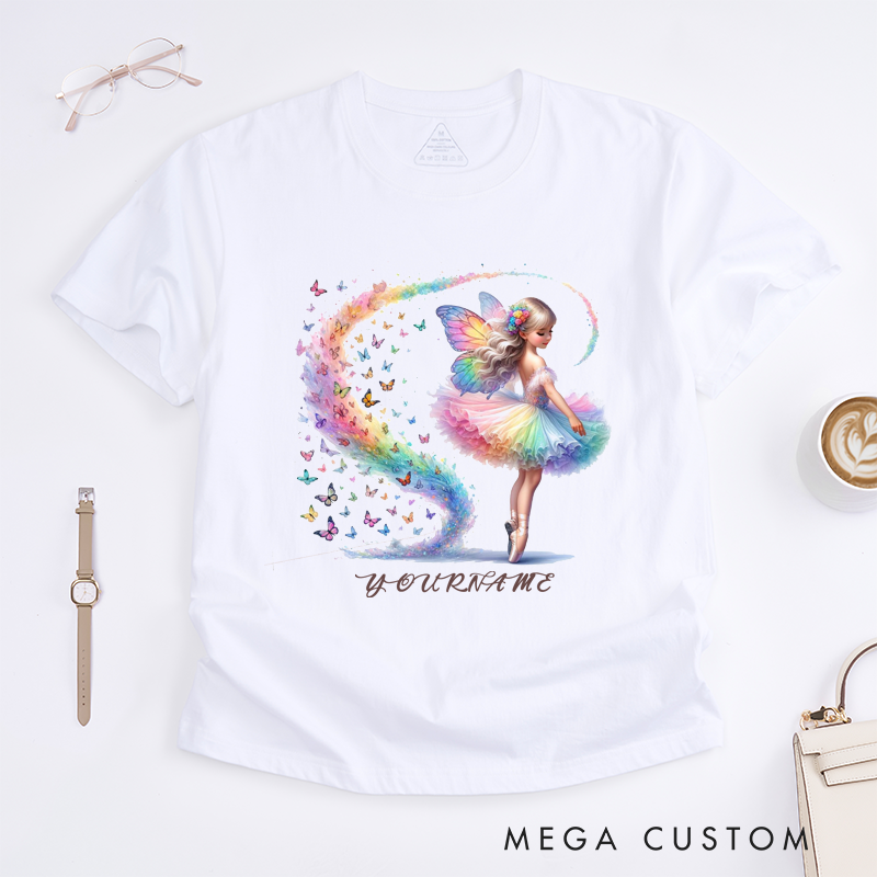 Personalized Fairy Ballerina T-Shirt Custom Name Rainbow Butterfly Ballet Tee Unique Birthday Gift for Girls Dance Lover Daughter Kids Women