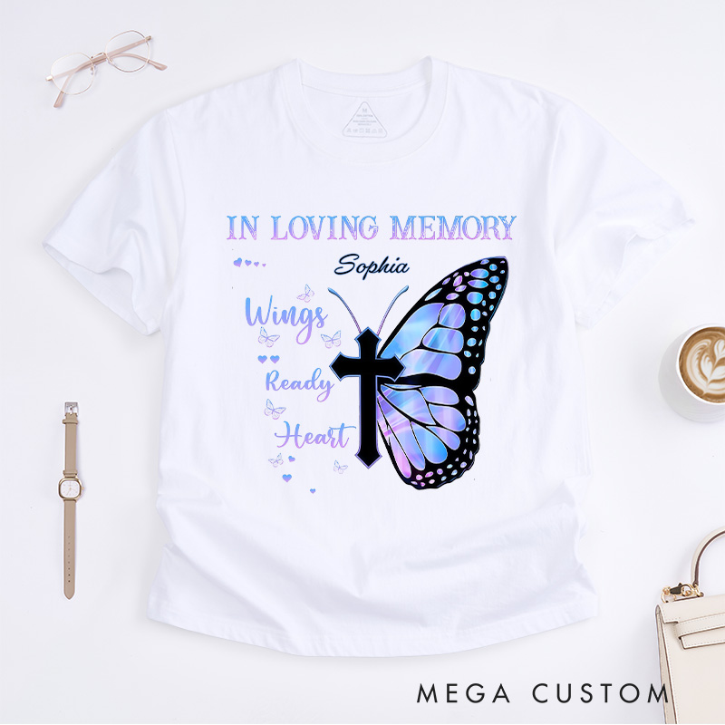Personalized Custom Name Memorial T-Shirt Gradient Butterfly Cross In Loving Memory Wings Ready Heart Grieving Gift for Loved One