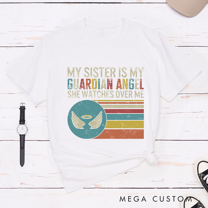 Personalized Guardian Angel Sister Memorial T-Shirt Retro Striped Wings Sympathy Gift for Grieving Sibling