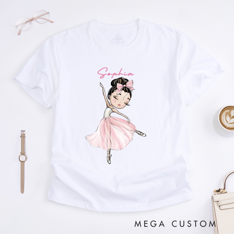 Personalized Ballerina Girl T-Shirt Custom Name Ballet Dance Gift Soft Cute Birthday Present for Daughter Little Girl Kids Ballet Lover