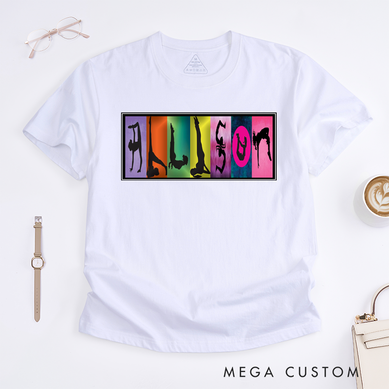 Personalized Name Yoga Pose Art T-Shirt Gift for Women Custom Gymnastics Tee Unique Top for Mom Friends Family Birthday