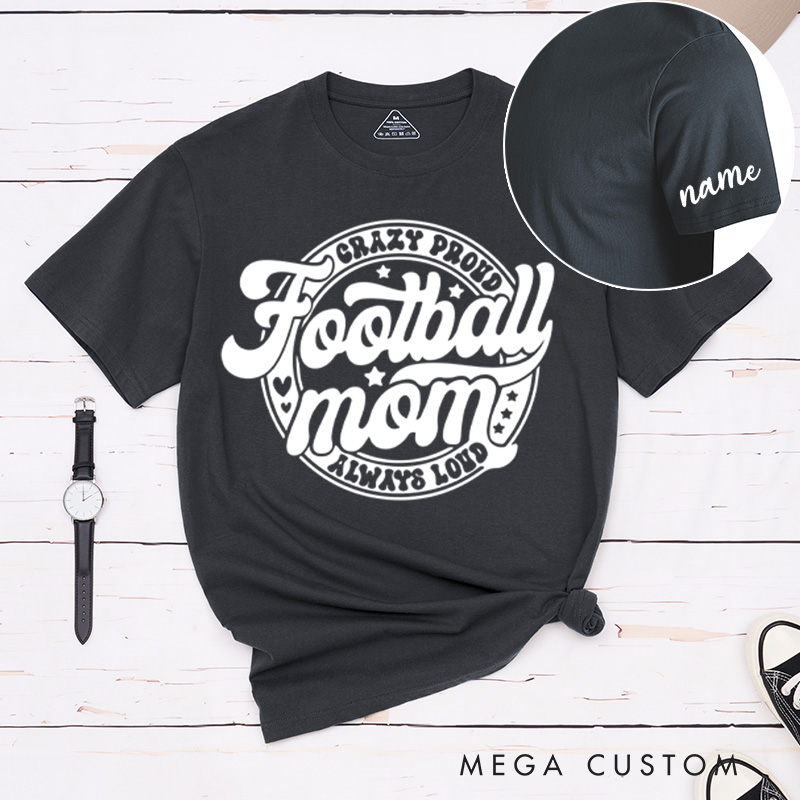 Personalized American Football Mom T-Shirts Featuring Custom Name on the Sleeve