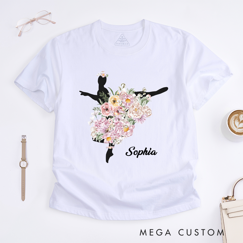 Personalized Ballerina Floral Art T-Shirt Custom Name Flower Dance Silhouette Gift for Women Girls Unique Artistic Ballet Lover Birthday Present