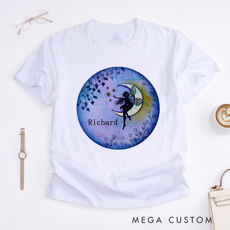 Personalized Fairy Moon T-Shirt Custom Name Gift for Women Unique Fantasy Art Tee Magical Birthday Present for Daughter Sister or Friend