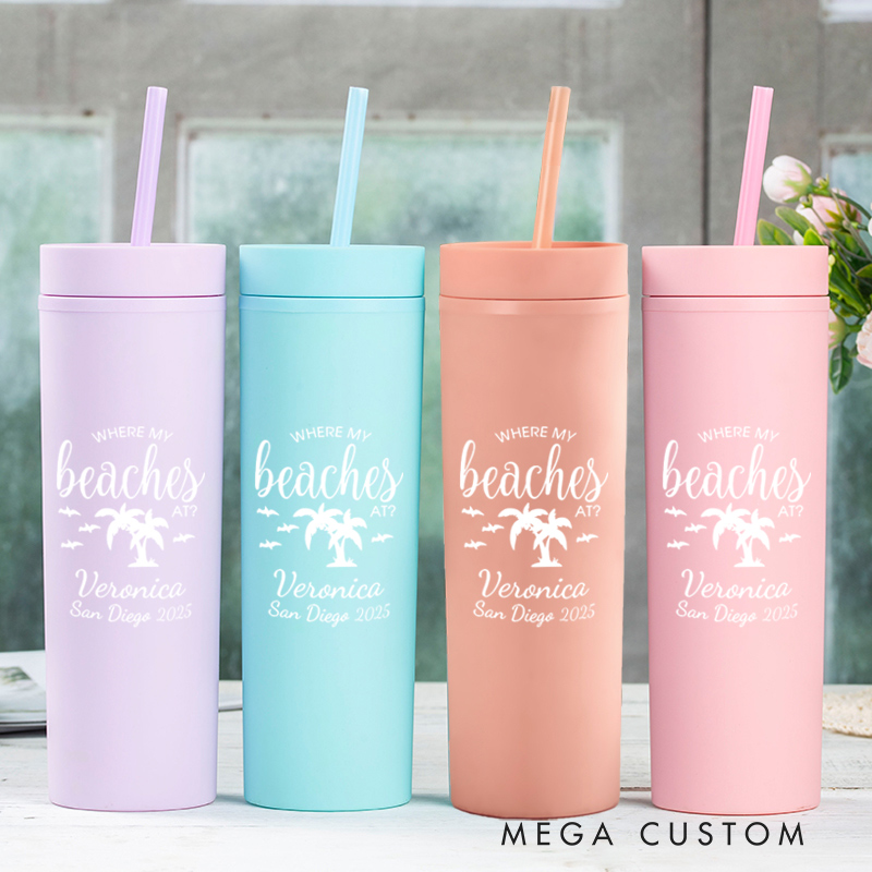 Personalized Where My Beaches at Skinny Tumbler Cups for Traveling Lovers Weekend Getaway Vacation Spring Break Gift for Travel Lovers