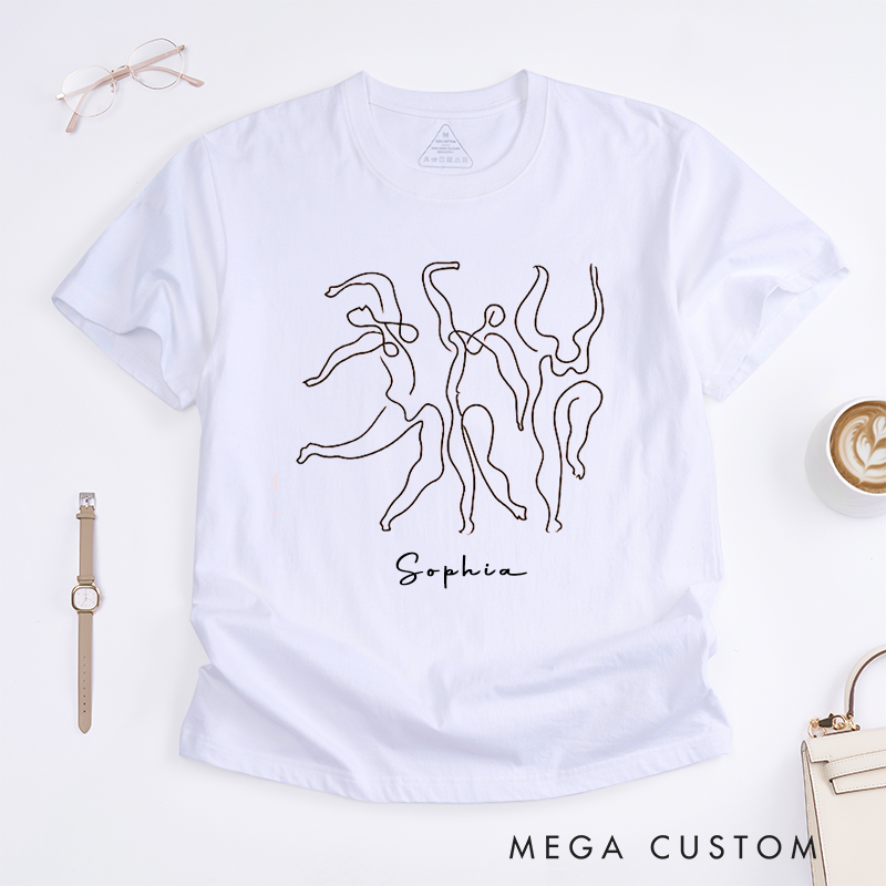Personalized Abstract Line Art Dance T-Shirt Unisex Custom Name Gift Artistic Minimalist Drawing Design Present for Women Men Friends