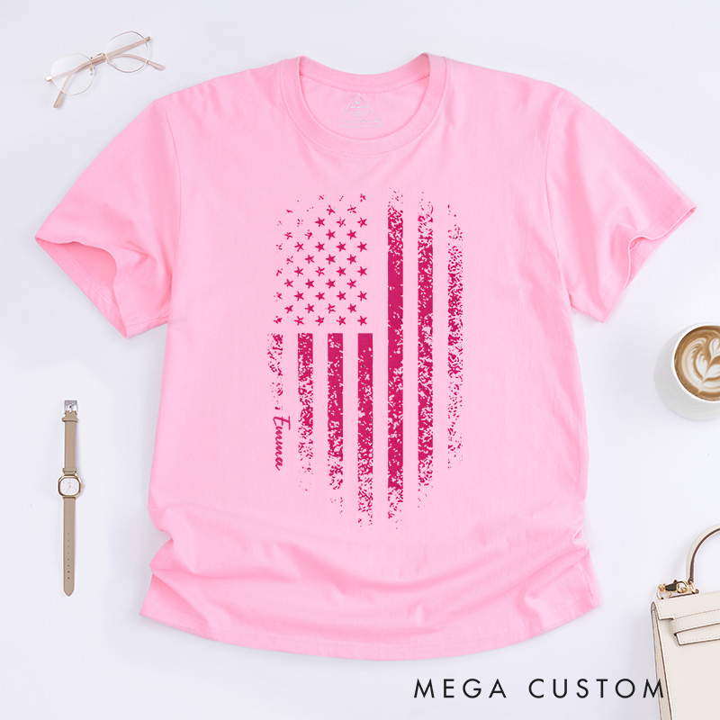 Personalized Breast Cancer Awareness Pink Distressed American Flag T-Shirt