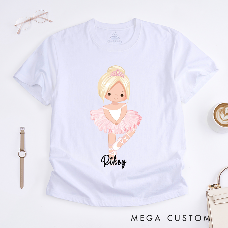 Personalized Ballerina Girl T-Shirt Gift Custom Name Cute Pink Ballet Dancer for Girls Birthday Present Dance Lover Tee