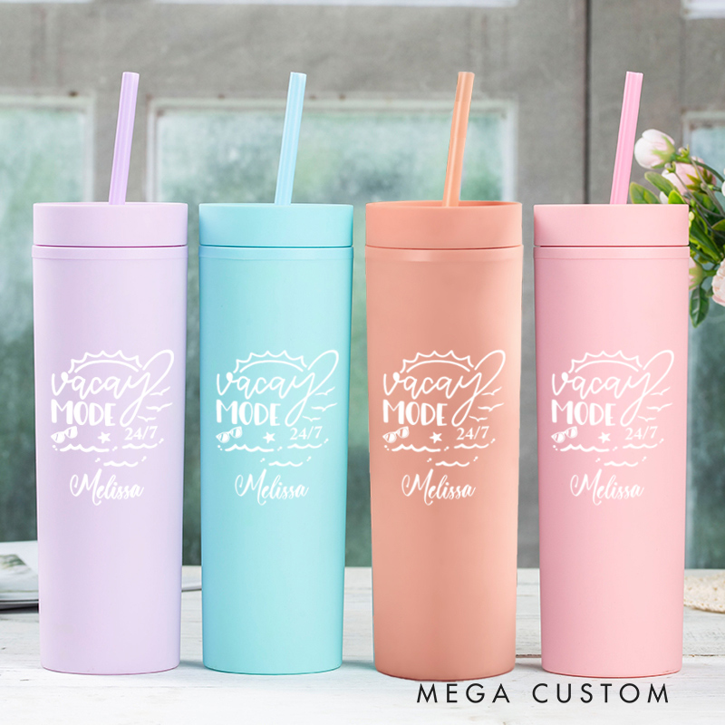 Personalized Vacay Mode Skinny Tumbler Cups for Traveling Lovers Vacation Gift for Travel Lovers