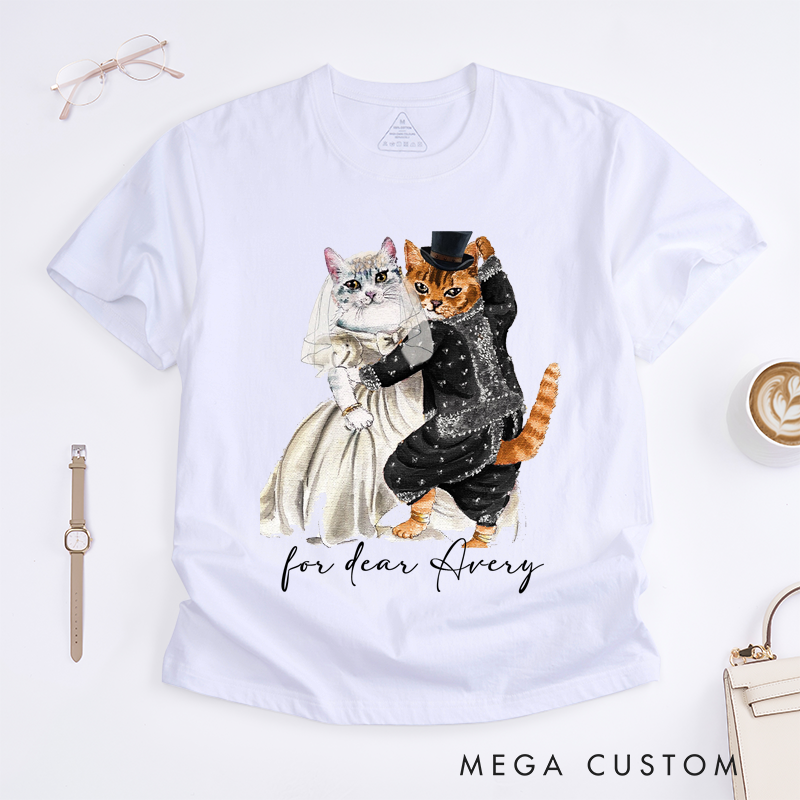 Personalized Wedding Cats Dancing T-Shirt Custom Name Cat Couple Bride and Groom Illustration Gift for Dance Lovers Unique Anniversary Present