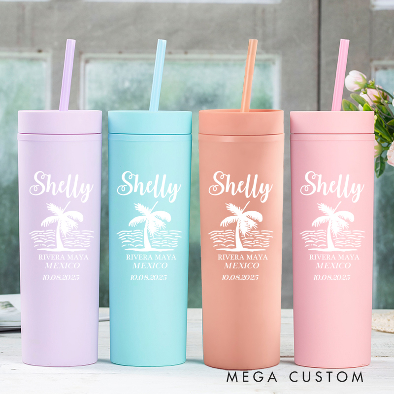 Personalized Beach Vacation Skinny Tumbler Cups for Traveling Lovers Palm Tree Tumbler Gift for Travelers