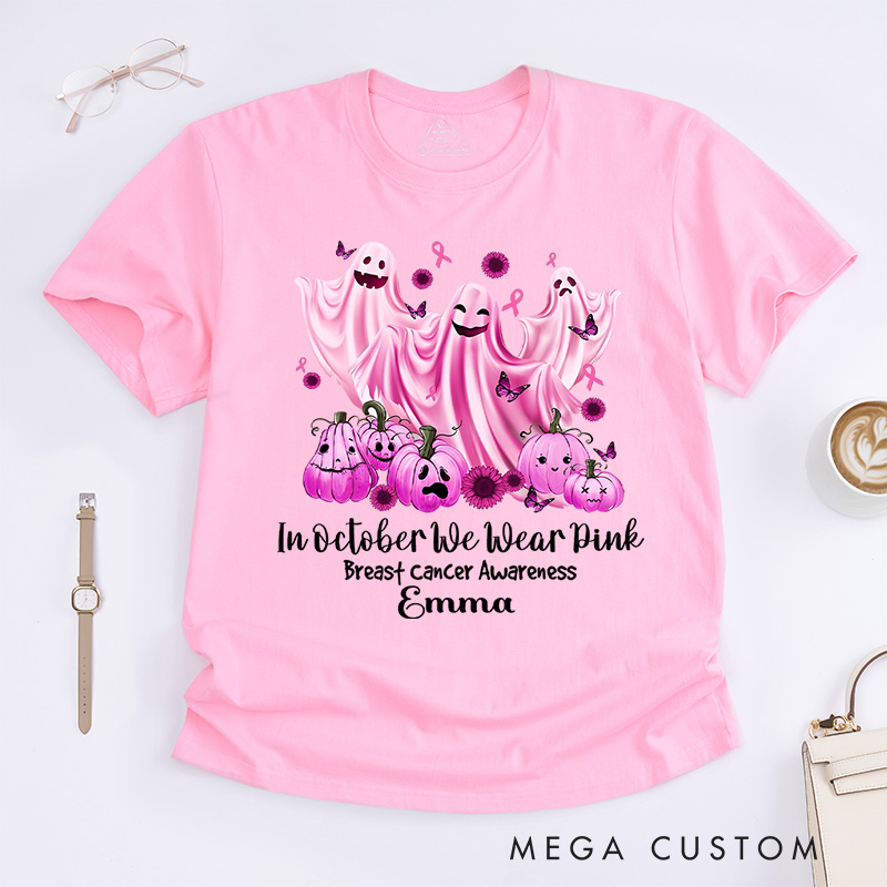 Personalized in October We Wear Pink Breast Cancer Awareness T-Shirt Ghost Haunted Pumpkin Halloween Gift