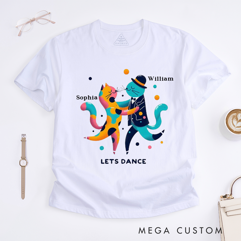 Personalized Classic T-Shirts Dancing Cats Custom Name Cute Gift for Couples Friends Fun Colorful Animal Art Dance Unique Present