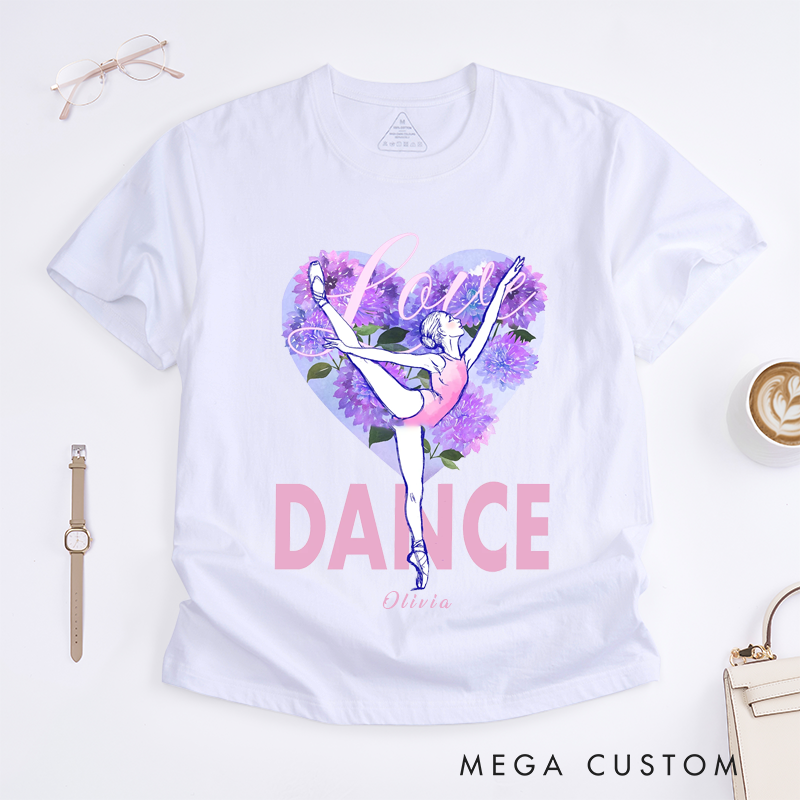 Personalized Ballet Dance Classic T-Shirts Custom Name Gift Beautiful Ballerina Lovers Unique Cute Floral Heart Design Classic Tee