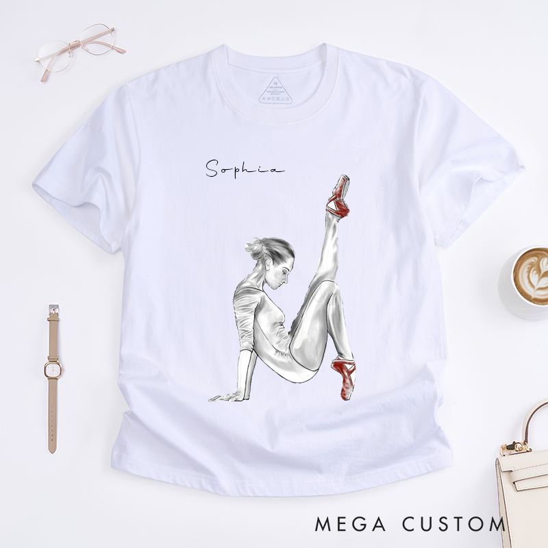 Personalized Ballet Dancer Classic T-Shirts Custom Name Artistic Sketch Unique Gift with Red Pointe Shoes for Ballerina Dancer Women Present