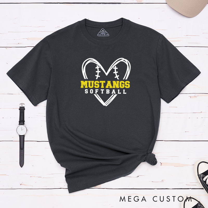 Personalized Softball T-Shirt Design Featuring Heart-Shaped Softball Stitch Graphic with Custom Team Name in Bold Text and Softball Label in Clean Font