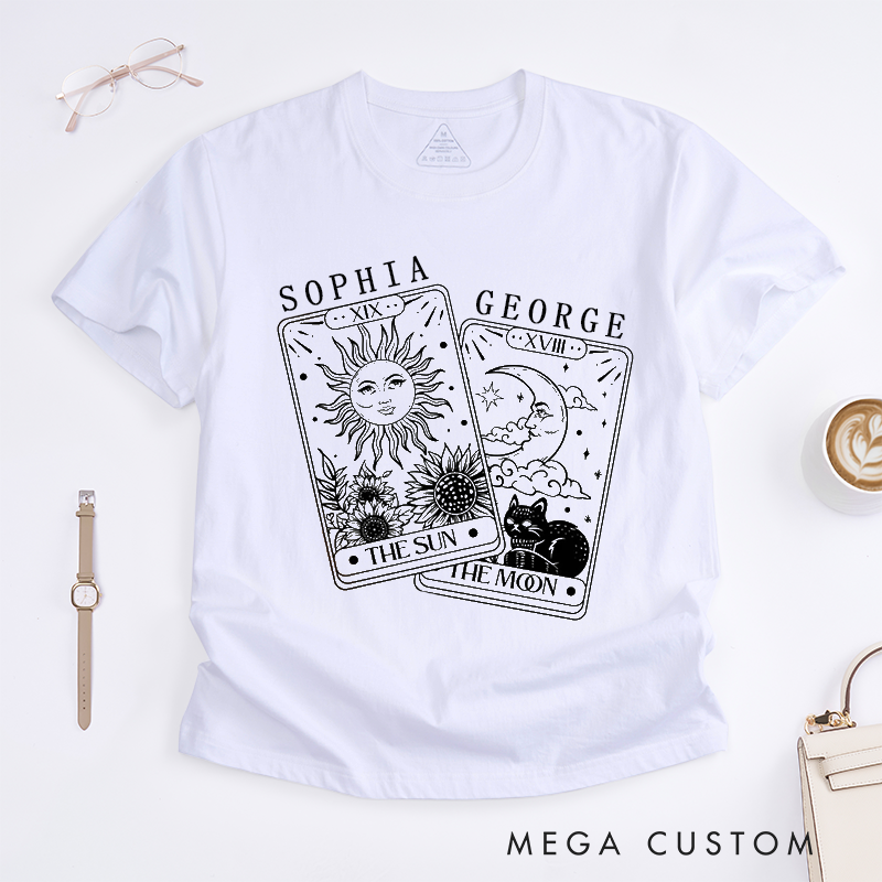 Personalized Tarot Lovers Classic T-Shirts Tarot Cards Sun and Moon Magic Illustration Witchcraft Boho Illustration T-Shirts Gift
