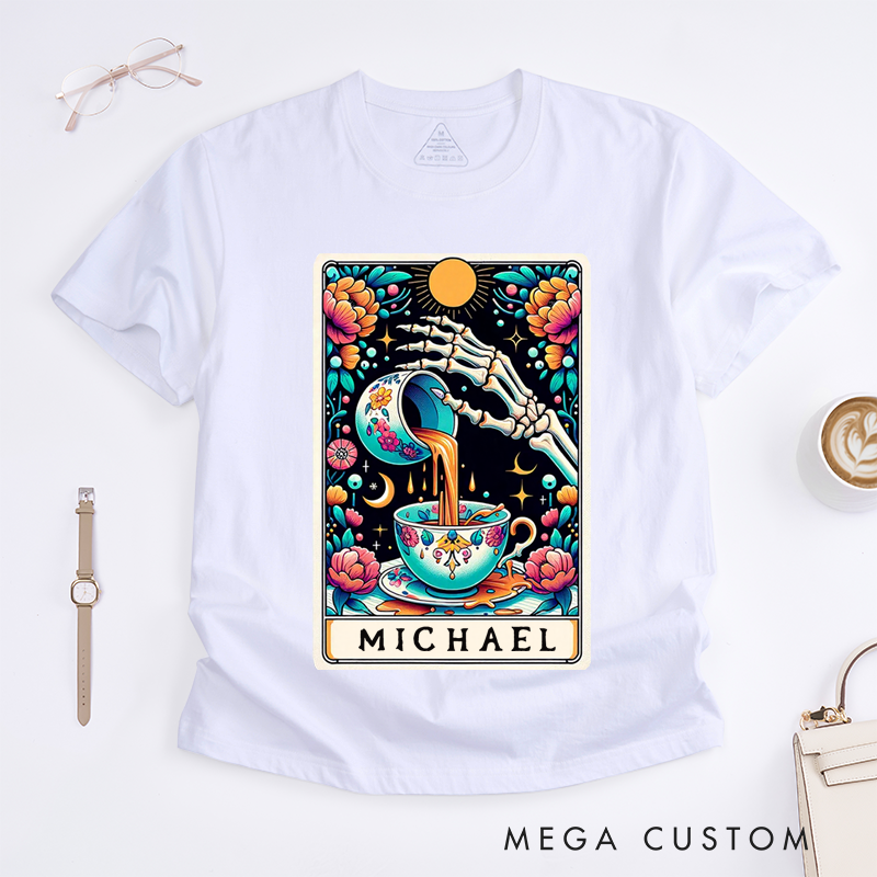 Personalized Spill the Tea Skeleton Tarot Card Classic T-Shirts Unique Gossip Lover Gift Custom Name Floral Vintage Aesthetic T-Shirts