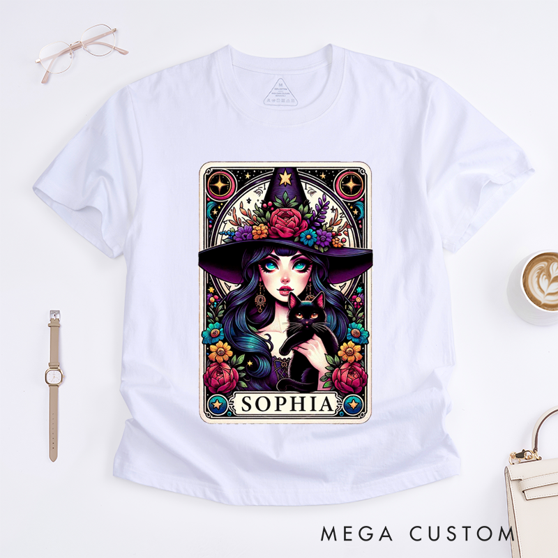 Personalized Tarot Lovers Classic T-Shirts Custom Name Floral Magic Cat Gift Unique Magic Lover Aesthetic Outfit