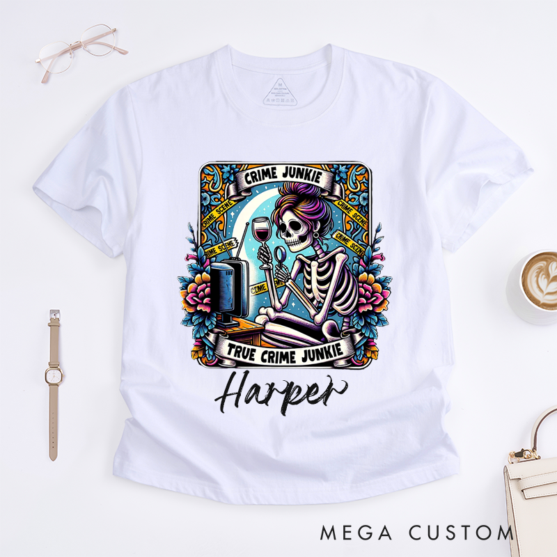 Personalized Tarot Lovers Classic T-Shirts Crime Junkie Classic T-Shirts Skeleton Watching TV Gift for Crime Lovers for Halloween