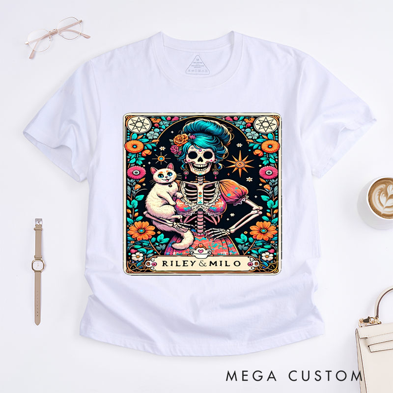 Personalized Tarot Lovers Classic T-Shirts Custom Name Cat Lady Skeleton Floral Art Present