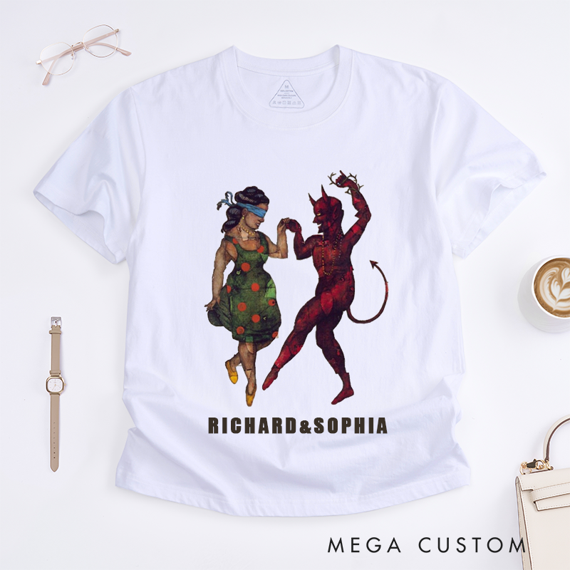 Personalized Classic T-Shirts Dancing Devil and Blindfolded Women Unique Artistic Unisex Gift Custom Name Top Retro Style Shirt