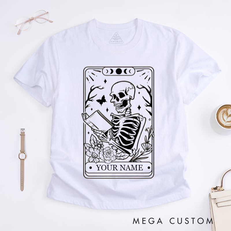 Personalized Skeleton Reader T-Shirts Unique Tarot Lover Gift for Men and Women Custom Name Floral Skulls Art Reader Shirt for Friends