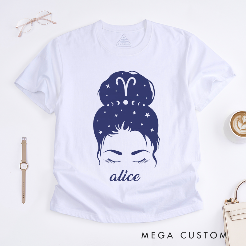 Personalized Aries Zodiac Sign Classic T-Shirts Custom Name Astrology Horoscope Gift for Women Unique Star Constellation Tee