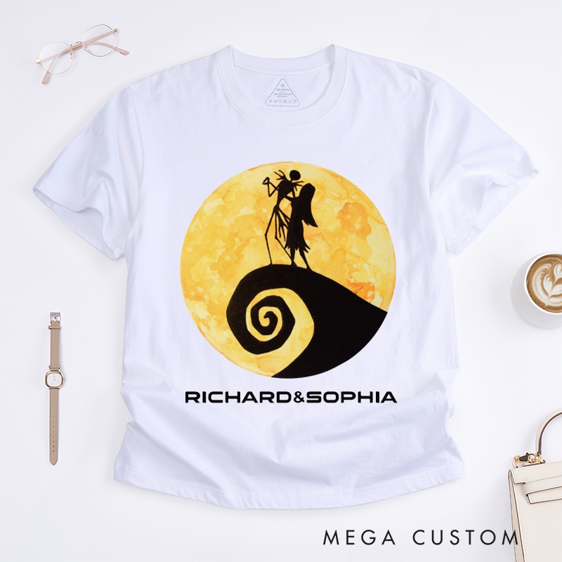 Personalized Skeleton Couple Romantic Moonlight Scene T-Shirts Unique Gothic Art Lovers Gift Custom Unisex Tee for Anniversary