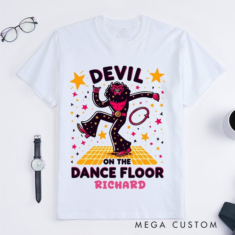 Personalized Devil Disco Dance Floor T-Shirts Retro Funny Dancing Gift for Men Custom Cool Dance Lover Apparel for Father Brother Friends