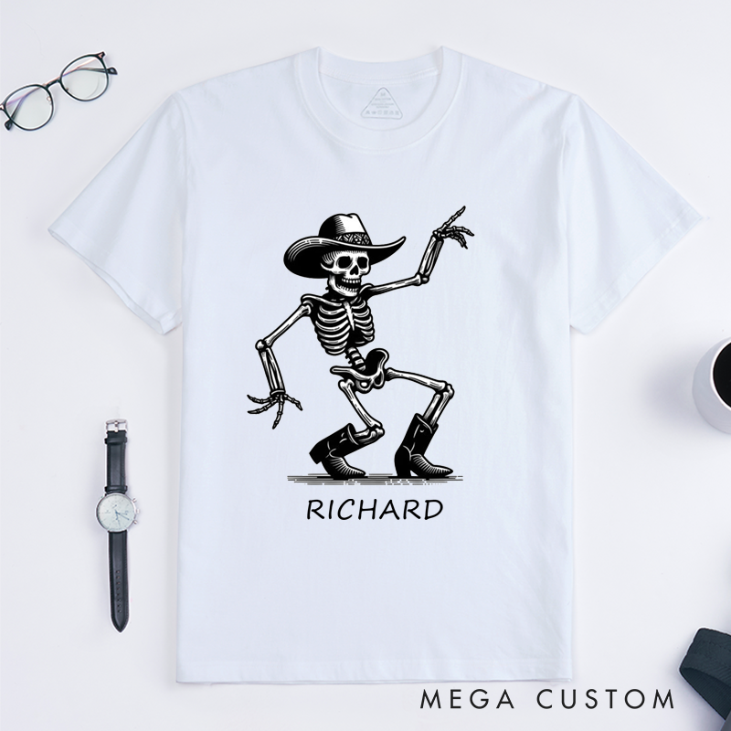 Personalized Dancing Skeleton Cowboy T-Shirts Unique Western Cowboy Skeleton Gift for Men Custom Name Rodeo Skeleton In Hat and Boots Shirt for Dad Husband Friends