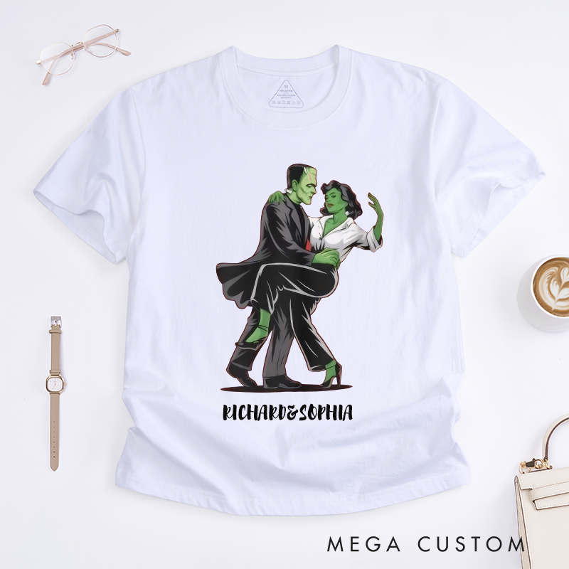 Personalized Dancing Monster Couple T-Shirts Unique Green Character Lovers Gift Custom Funny Unisex Tee for Men Women Present
