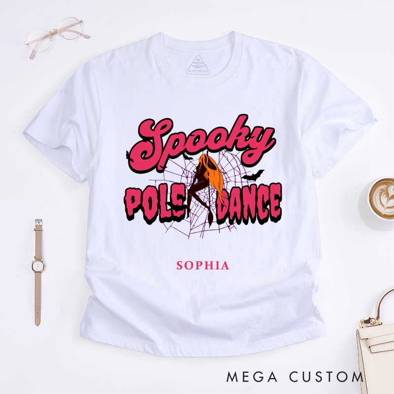 Personalized Spooky Pole Dance Halloween T-Shirts Custom Name Dancer Tee Unique Gift for Women Funny Pole Lover Present for Her Halloween Apparel