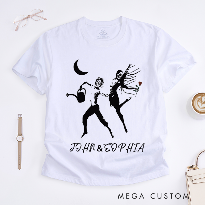 Personalized Gothic Forever Skeleton Couple Art Unisex T-Shirts Unique Romantic Gift for Lovers Friends Custom Name Cute Dark Aesthetic Tee