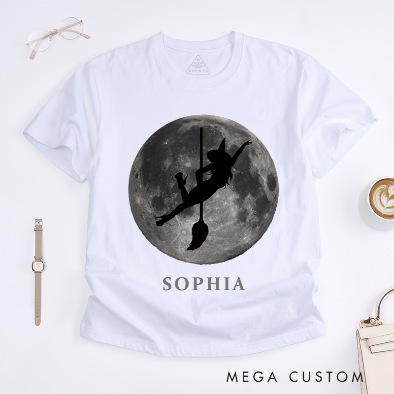 Personalized Dance Witch Broomstick T-Shirts Custom Name Halloween Gift for Women Unique Witchy Shirt for Her Full Moon Silhouette Night Top