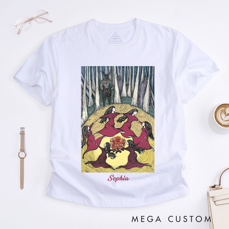 Personalized Witchy Women Circle Dance T-Shirts Mystical Forest Bonfire Art Unique Spiritual Gift for Her Ladies Custom Name Witch Tee