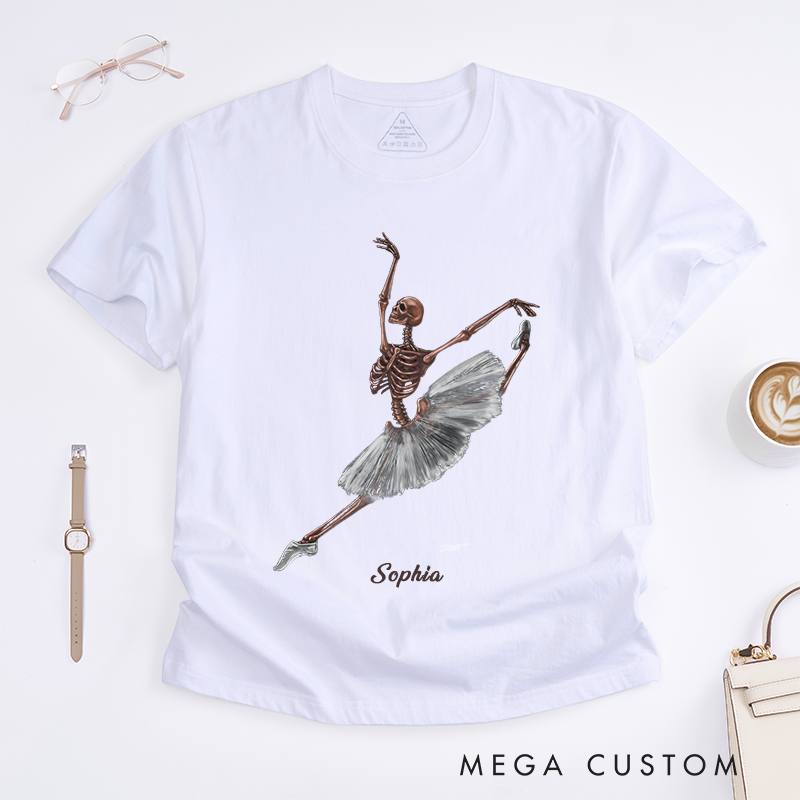Personalized Skeleton Ballerina Dance T-Shirts Art Unique Ballet Lover Gift Custom Name for Women Funny Halloween Shirt Girls Ballet Enthusiast