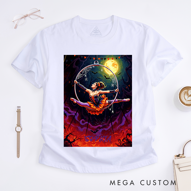 Personalized Halloween Dancing T-Shirts Custom Name Acrobat Performer Gift for Women Unique Fall Witchy Costume Tee Present