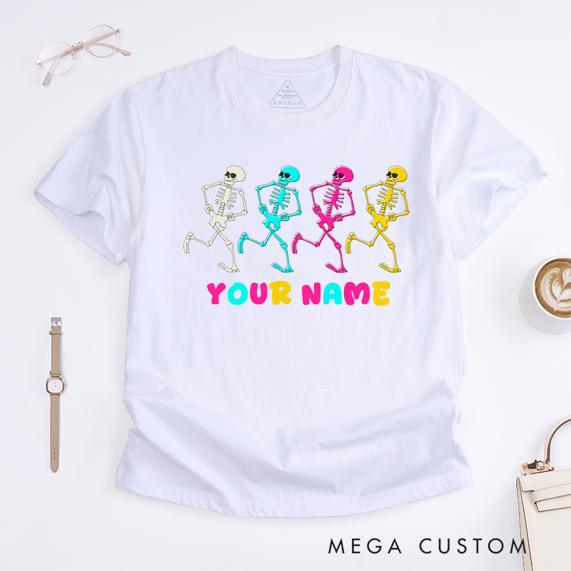 Personalized Dancing Skeletons T-Shirt Unisex Funny Runners Skeleton Graphic Tee Unique Halloween Gift for Friends Family