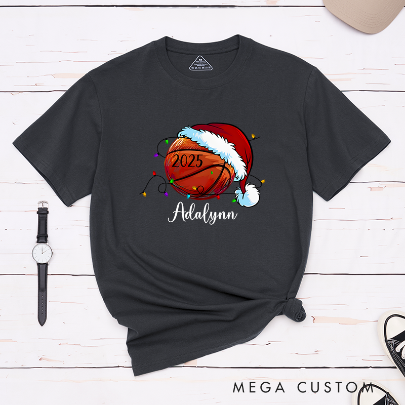 Personalized Festive T-Shirt with Custom Name, Year, and Basketball Santa Hat Design